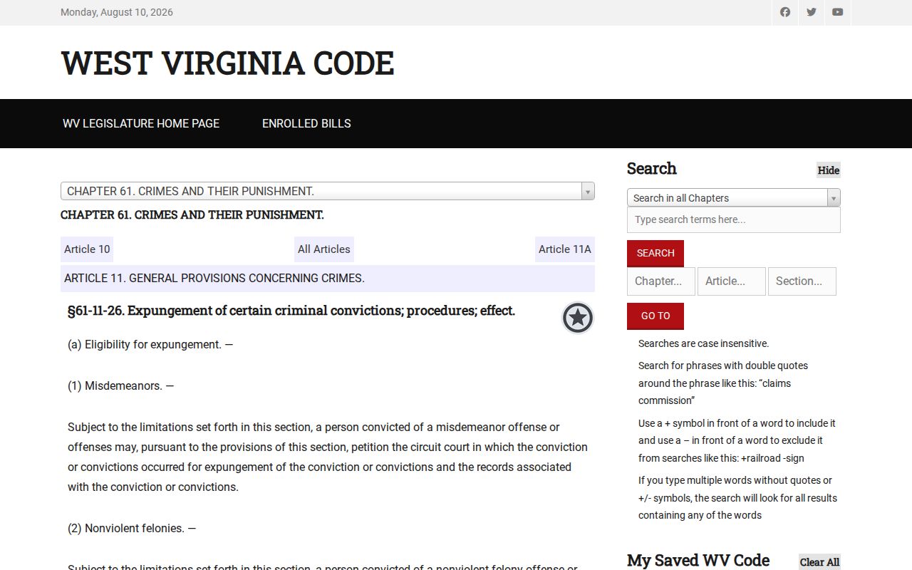 Official West Virginia Code section governing eligible conviction expungement